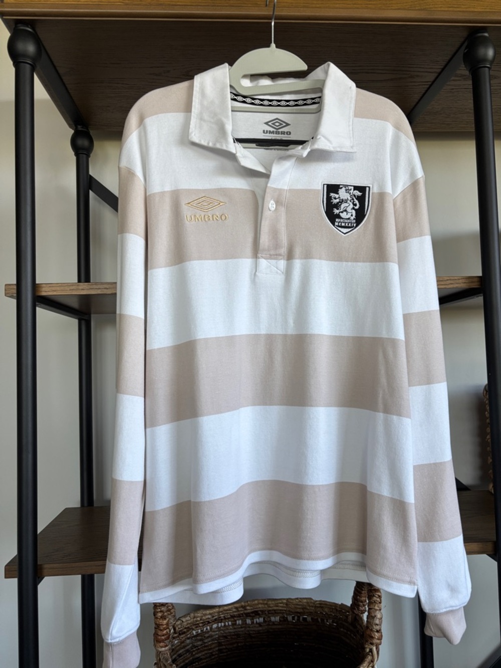 Umbro Beige & White Striped Rugby Polo Long Sleeve